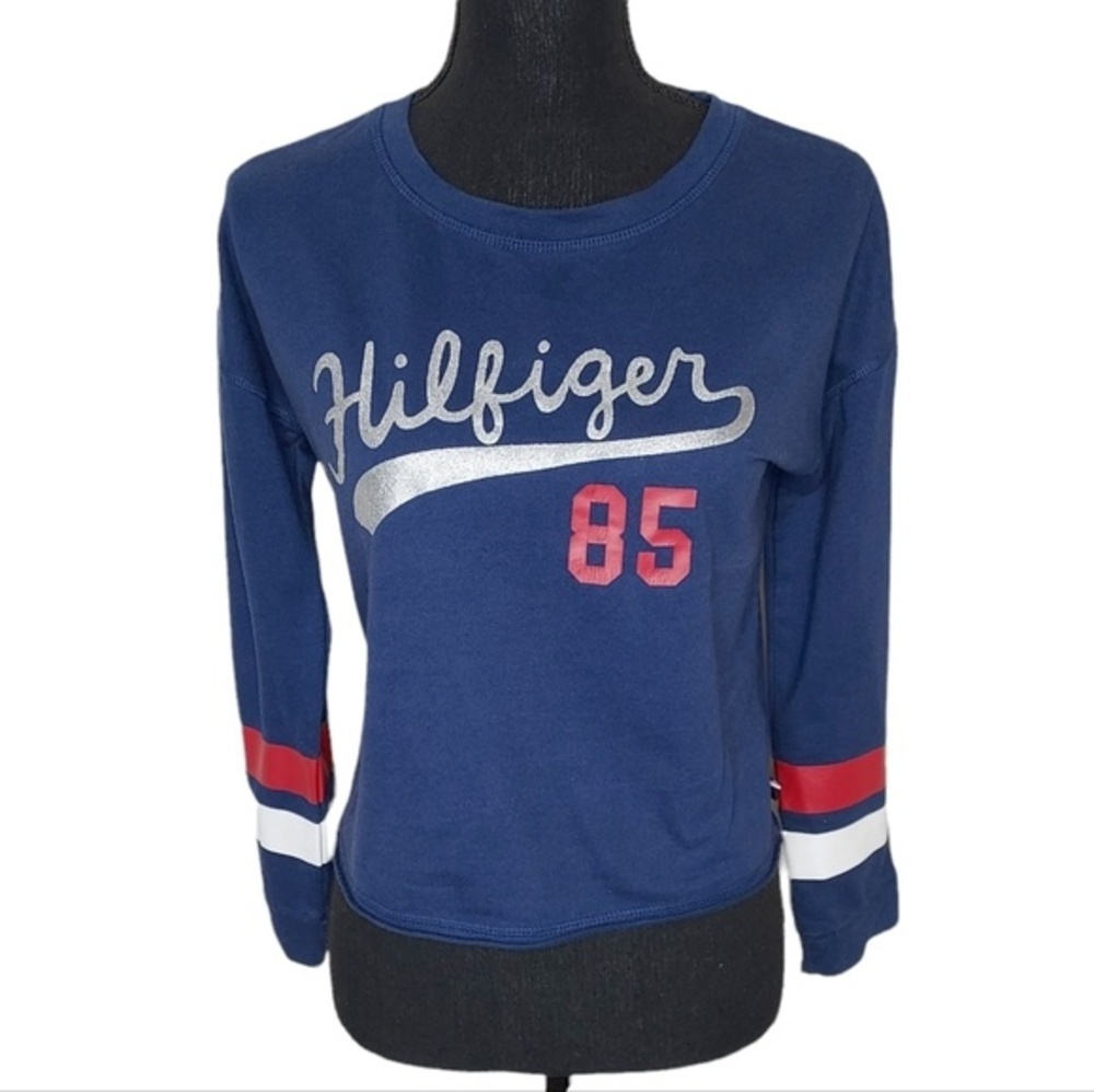 Tommy Hilfiger Women L Silver Logo Cropped Raw Edge 3/4 Sleeve Knit Shirt